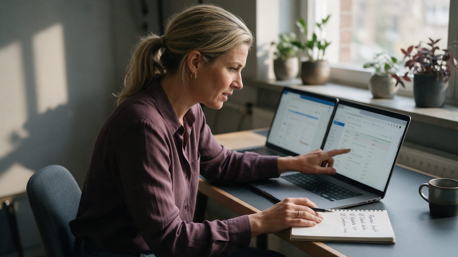 Vrouw vergelijkt twee schermen op haar laptop en houdt een checklist bij