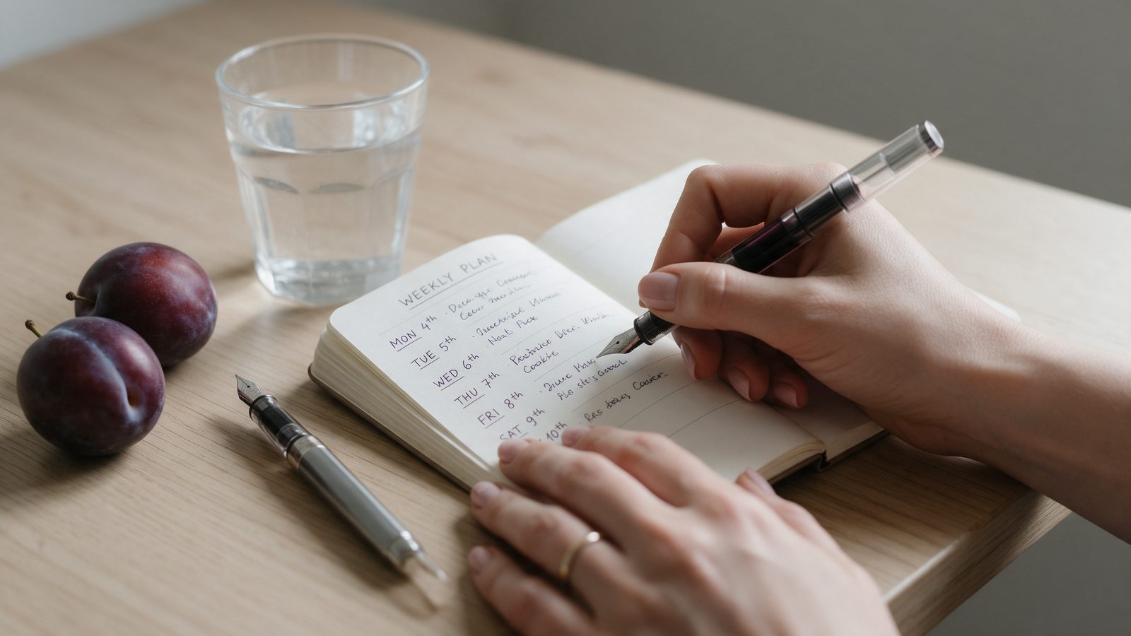 Handen schrijven een weekplanning in een notitieboek, met een glas water en pruimen
