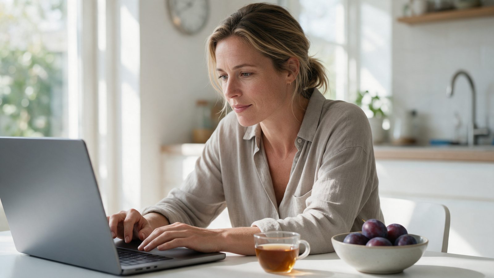 Vrouw aan een keukentafel leest op haar laptop, met thee en een schaal pruimen