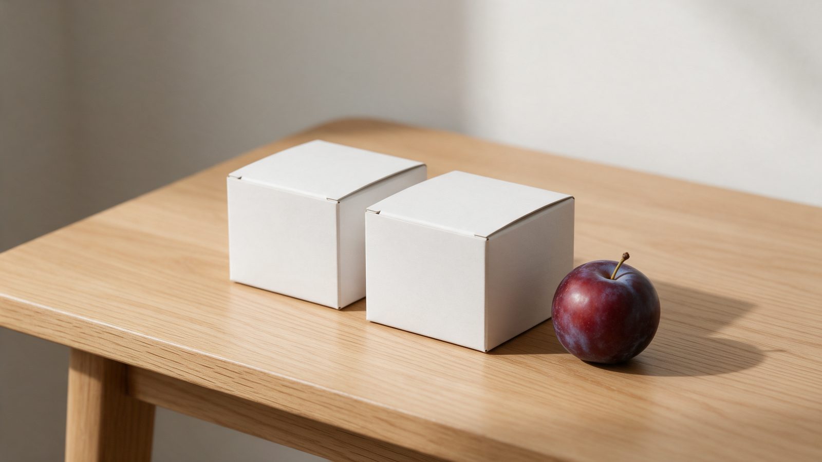 Twee identieke witte doosjes naast elkaar op een houten tafel, met een pruim